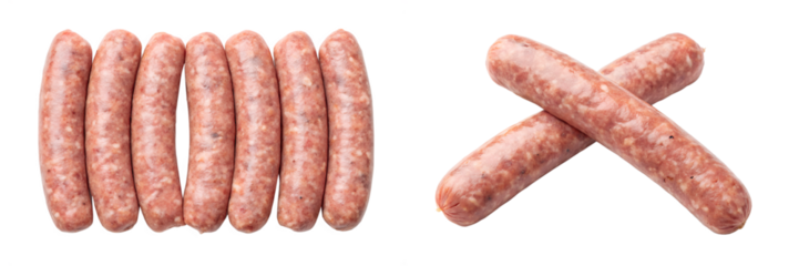 Raw sausages arranged in different layouts isolated on transparent background