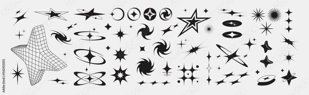 Fototapete bling shape collection - wireframe stars, holographic grid forms, cosmic circles and swirls, sparkle