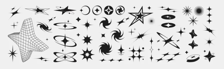 Fototapeten Bling shape collection - wireframe stars, holographic grid forms, cosmic circles and swirls, sparkles black set on white background for y2k designs, retro tech aesthetic interfaces. © klyaksun