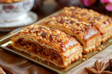 Golden pastry slices, studded with nuts and raisins