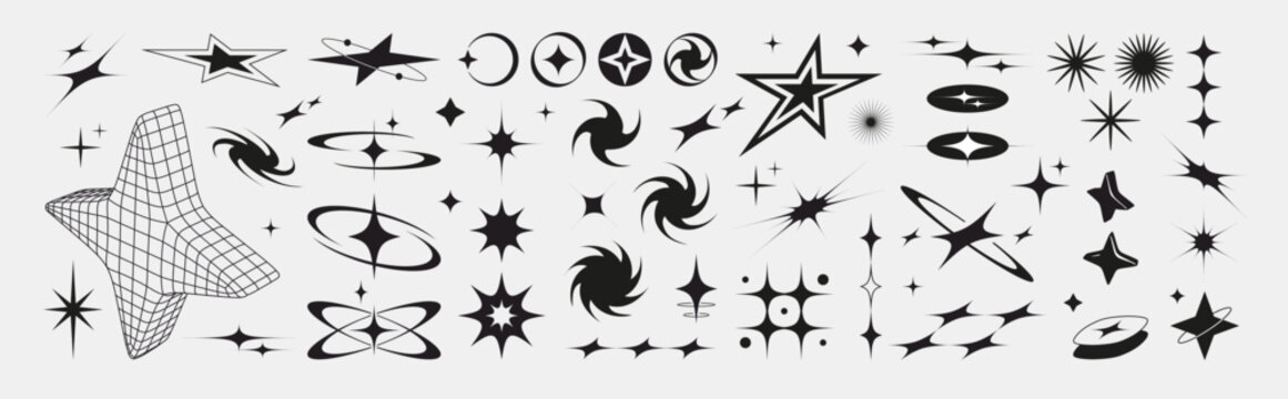 Bling shape collection - wireframe stars, holographic grid forms, cosmic circles and swirls, sparkles black set on white background for y2k designs, retro tech aesthetic interfaces.