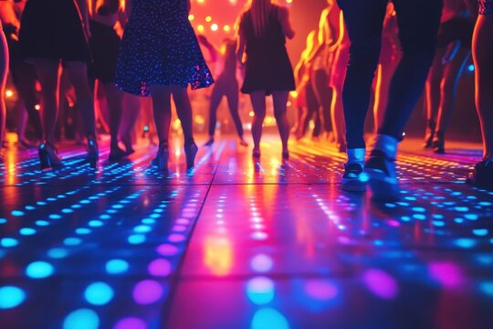 Dancing and celebrating on a vibrant dance floor in a lively party atmosphere with colorful lights and energetic movements