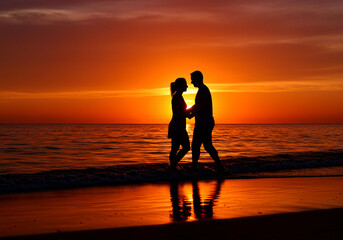 Romantic silhouette of a couple embracing on a beach at sunset.