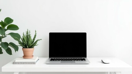 Fototapeta premium Modern minimalist desk setup with laptop plants and mouse isolated on white background