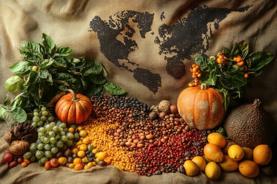 Fair Trade products displayed on a burlap backdrop featuring a world map, showcasing diverse fruits, vegetables, and grains in a richly textured arrangement - Powered by Adobe