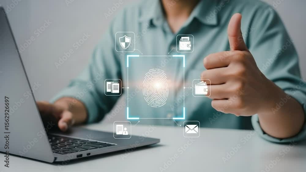 Poster person using smartwatch displaying human body scan and health data on a dark background view