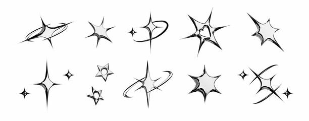 Chrome star emoticon set with metallic silver sparkles, swoosh trail, cluster formation, curved motion line and sharp pointed bursts for y2k aesthetic design, retro digital art or shiny interface.