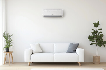 Minimalist living room with white sofa and wall-mounted air conditioner