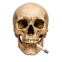 Realistic human skull smoking a cigarette isolated on transparent background, generative ai
