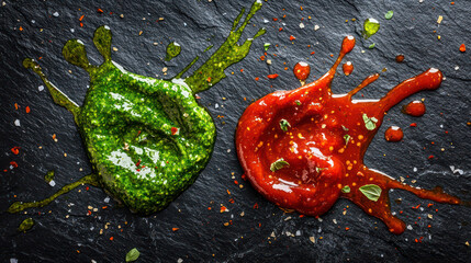 Vibrant green pesto sauce and fiery red sriracha splashing on a matte slate background, adding festive energy and bold textures,