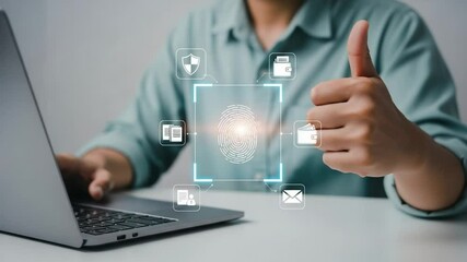 Person using smartwatch displaying human body scan and health data on a dark background view - Powered by Adobe