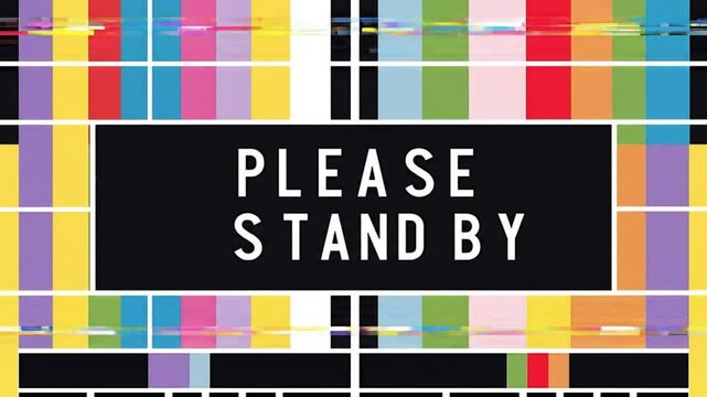 A classic television test pattern screen displays bold vertical color bars in a bright graphic style