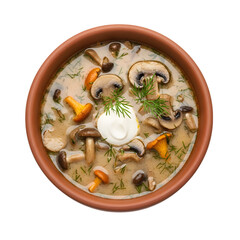 A Creamy Bowl of Polish Zupa Grzybowa a Traditional Wild Mushroom Soup with Dill on isolated transparent background