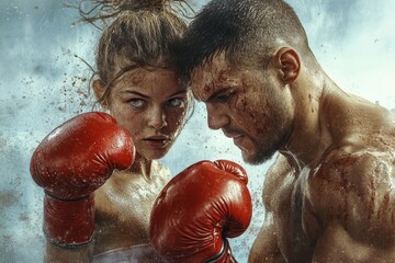 Male trainer assists young female boxer in training session, showcasing determination and strength in an intense atmosphere, captured during an indoor practice