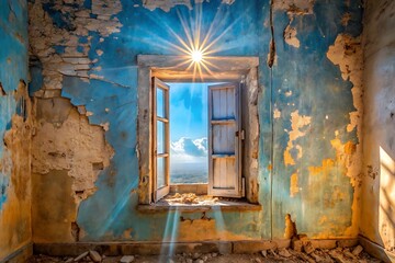 Sunlight streams through an open window in a crumbling bluewalled building, illuminating the dusty interior