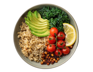 Top-down view of a colorful and vibrant healthy food bowl filled with quinoa, avocado slices, cherry tomatoes, kale, roasted chickpeas, and a lemon wedge, arranged on transparent background