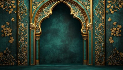 Luxurious ornate archway with teal and gold arabesque design.