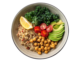 Top-down view of a colorful and vibrant healthy food bowl filled with quinoa, avocado slices, cherry tomatoes, kale, roasted chickpeas, and a lemon wedge, arranged on transparent background