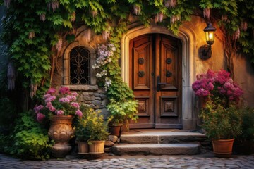 Fototapeta premium A charming rustic wooden door blends seamlessly with an old stone wall, adorned with ivy and bright flowers, while a cozy lantern adds warmth to the inviting entrance at dusk.