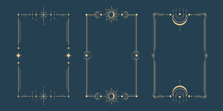 Tarot moon frame set with golden celestial borders - mystical stars, sun symbols, crescents decorating rectangular card templates. Elegant occult designs for astrology cards and esoteric artwork.