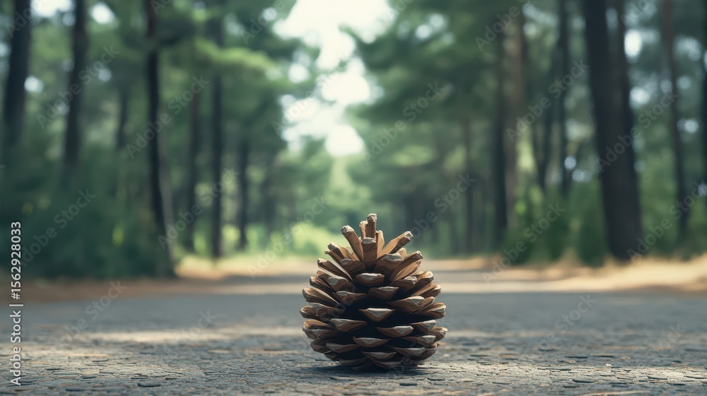 Poster pine cone rests on a paved path in a forest.