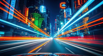Night Cityscape with Vibrant Light Trails and Green Tower