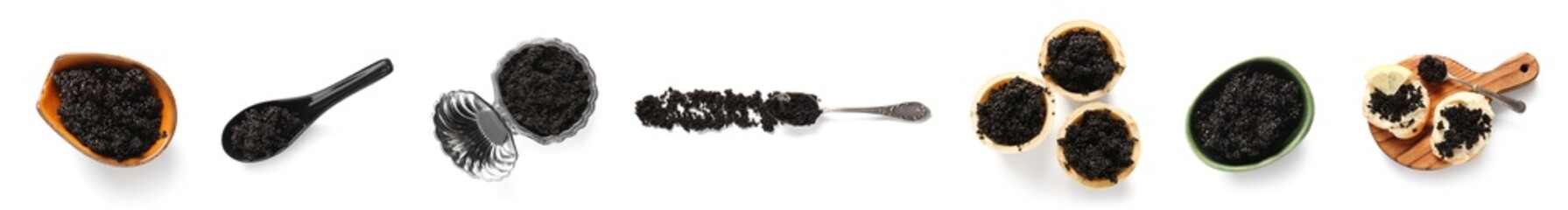Collage of black caviar on white background, top view