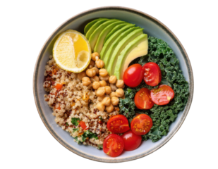 Top-down view of a colorful and vibrant healthy food bowl filled with quinoa, avocado slices, cherry tomatoes, kale, roasted chickpeas, and a lemon wedge, arranged on transparent background