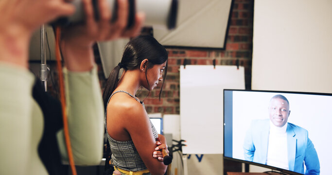 Computer, photographer and woman in studio to check results for editing, selection and process. Photography, creative and person with male model on screen for post production, planning and design - Powered by Adobe