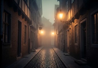 Narrow, old-town European alley at night, with ancient stone buildings and warm lights illuminating the dark, medieval street