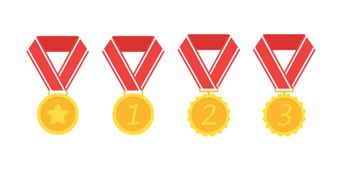 Vector set of sport winner medals: gold, silver, and bronze with ribbons, symbolizing success and achievement in competition