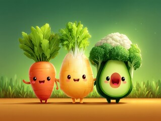 Cute cartoon vegetables in a row