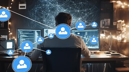 Person analyzing data on multiple screens in a modern office, with digital connections in the background - Powered by Adobe