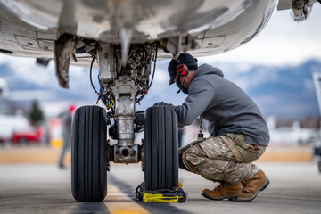 Aviation engineer checking plane landing gear, 