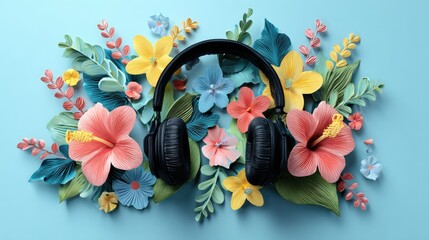 black color headphones and with the  flowers on the blue background 