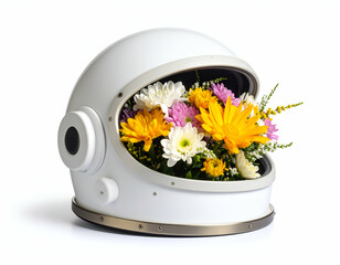 Astronaut Helmet Filled with Blooming Flowers A Surreal Floral Arrangement