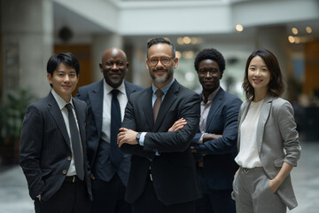 medium shot group photo with full focus high aperture of diverse asian, african, american executive group in formal suits standing side by side in corporate lobby hands in trouser