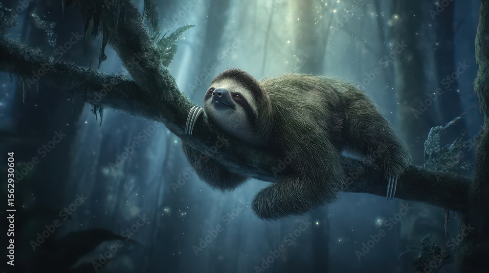 Poster sleepy sloth resting on a branch in a mystical forest.
