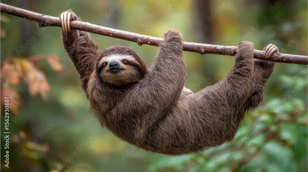 Poster close-up of a sloth hanging from a tree branch.