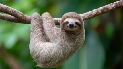 A sloth hangs upside down from a branch.