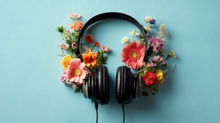 black color headphones and with the  flowers on the blue background 