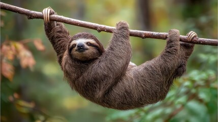 Close-up of a sloth hanging from a tree branch.