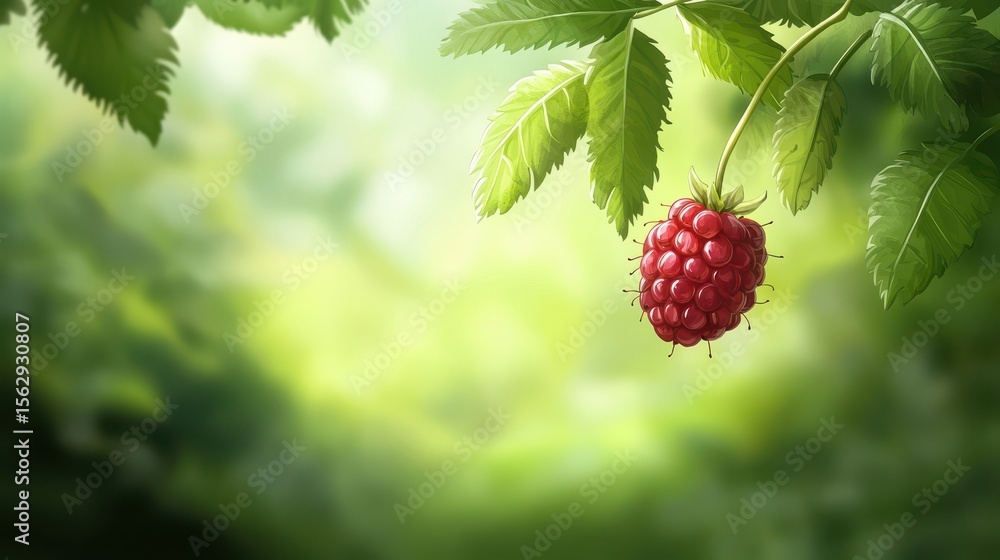 Poster a vibrant raspberry hangs from a branch in a lush forest.
