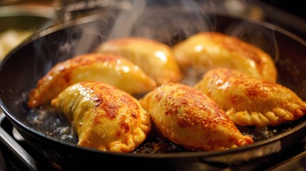 Fototapeta premium Cooking scene of golden stuffed pastry filled with spicy meat and egg mixture