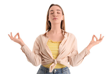 Young woman meditating on white background. Balance concept