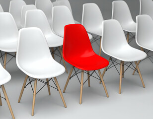 Red Chair Among White Chairs Standing Out from the Crowd