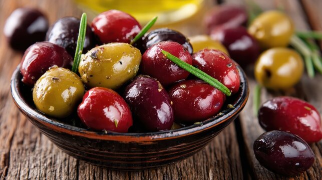 Assorted marinated olives in a rustic bowl. - Powered by Adobe