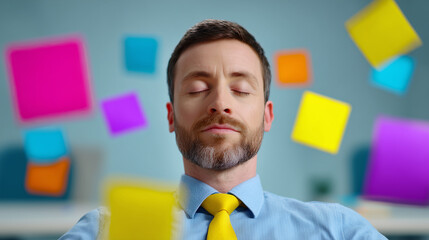  a calm man meditating in office while colorful sticky notes float around him, inner peace in chaos concept,  editorial mood,