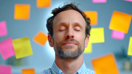  a calm man meditating in office while colorful sticky notes float around him, inner peace in chaos concept,  editorial mood,