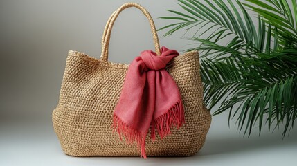 Stylish beige wicker beach bag with handkerchief accent on a light background perfect for summer outings